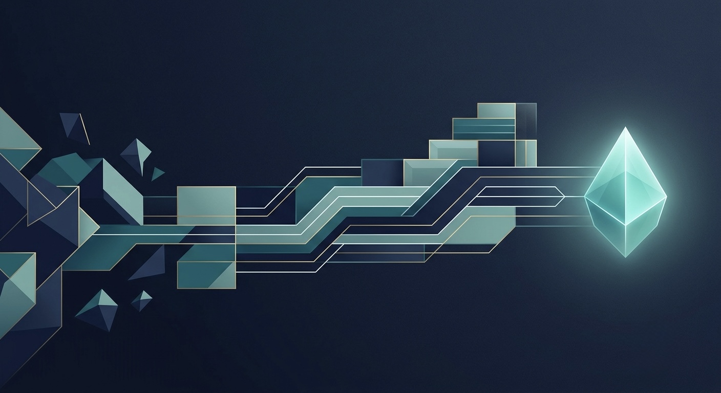Abstract composition of layered commercial systems converging into a single clear outcome